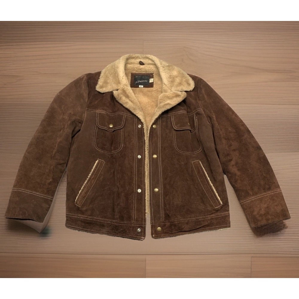Vintage 70s Suede Sherling Lined Rancher Coat JC Penny Cowhide Leather Western L - Picture 7 of 11
